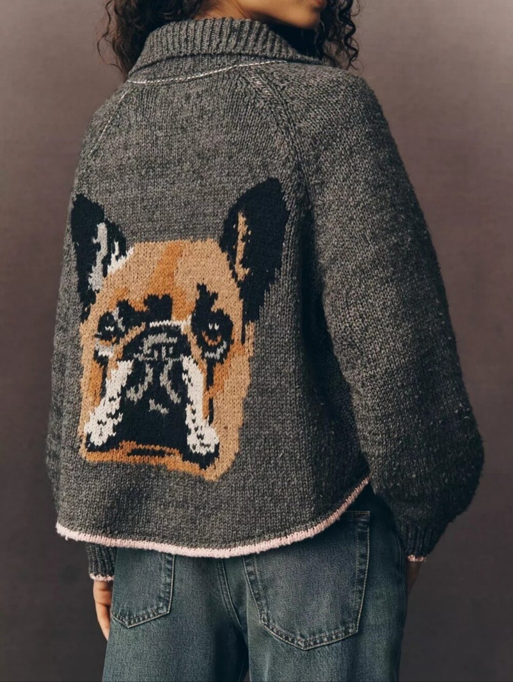Pilcro Anthropologie Jesse Dog Icon Cardigan Sweater XXS French Bulldog Oversize